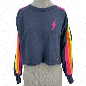 Aviator Nation Heather Navy Bolt Classic Cropped Crew Sweatshirt Neon 5 Stripe M